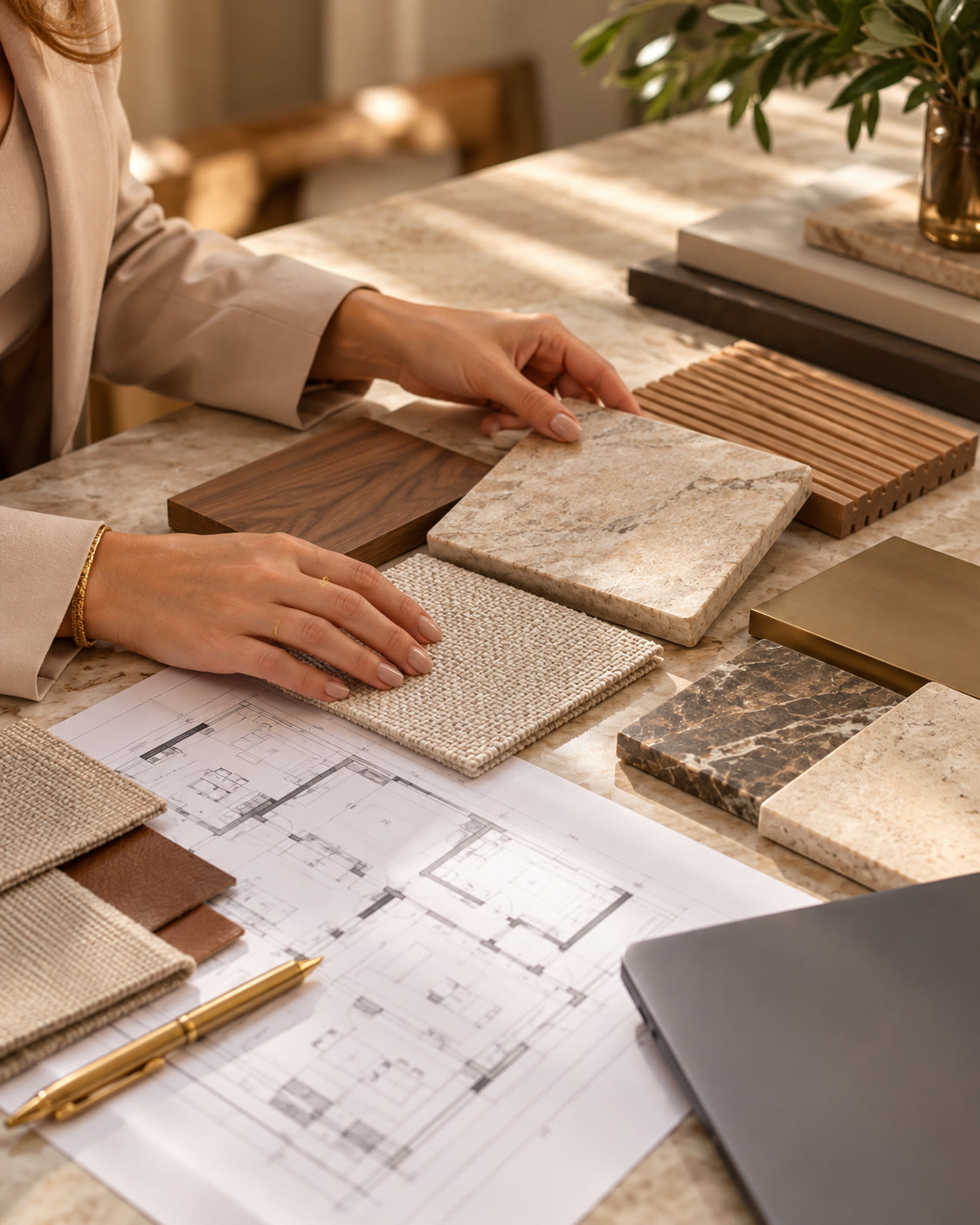 Seleção de materiais, amostras e planta sobre a mesa de projeto