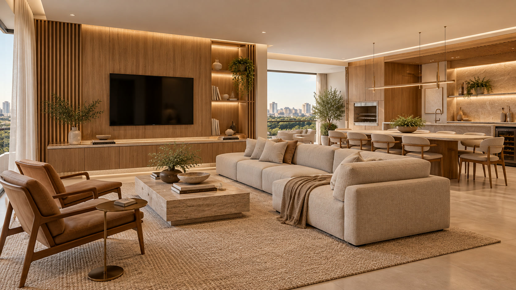 Living com sofá em L, painel de madeira e cozinha integrada