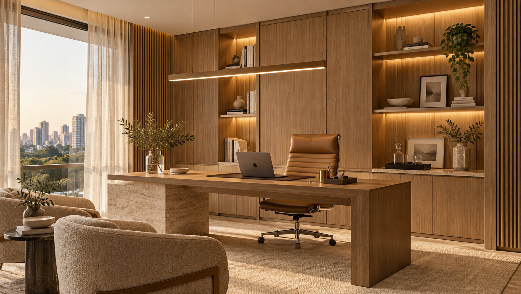 Escritório com mesa de madeira, estante iluminada e vista da cidade